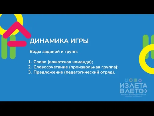 ДИНАМИКА ИГРЫ Виды заданий и групп: Слово (вожатская команда); Словосочетание (произвольная группа); Предложение (педагогический отряд).