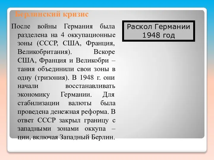 Берлинский кризис После войны Германия была разделена на 4 оккупационные зоны