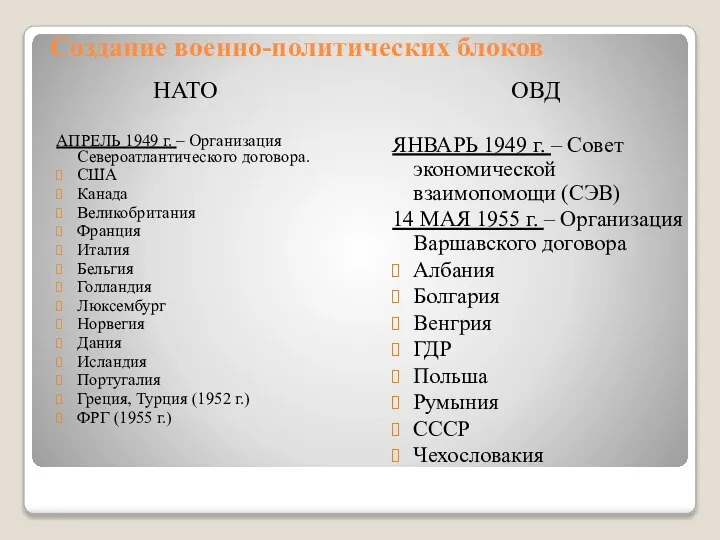 Создание военно-политических блоков НАТО ОВД АПРЕЛЬ 1949 г. – Организация Североатлантического