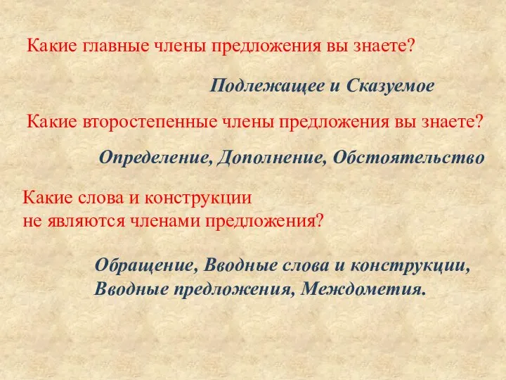 Какие главные члены предложения вы знаете? Подлежащее и Сказуемое Какие второстепенные