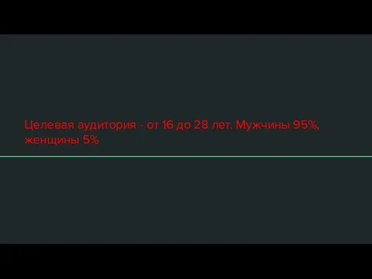 Целевая аудитория - от 16 до 28 лет. Мужчины 95%, женщины 5%