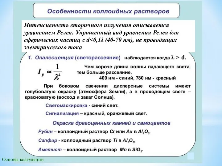 Интенсивность вторичного излучения описывается уравнением Релея. Упрощенный вид уравнения Релея для