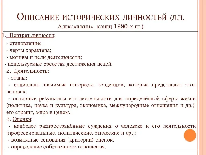 Описание исторических личностей (Л.Н. Алексашкина, конец 1990-х гг.)