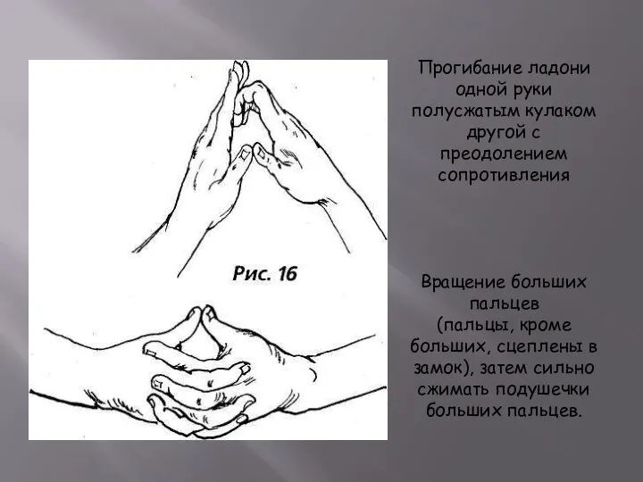 Прогибание ладони одной руки полусжатым кулаком другой с преодолением сопротивления Вращение