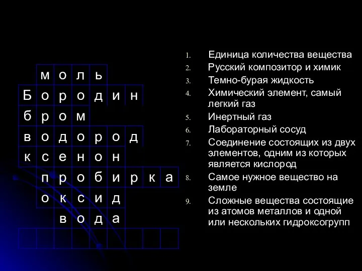 Единица количества вещества Русский композитор и химик Темно-бурая жидкость Химический элемент,