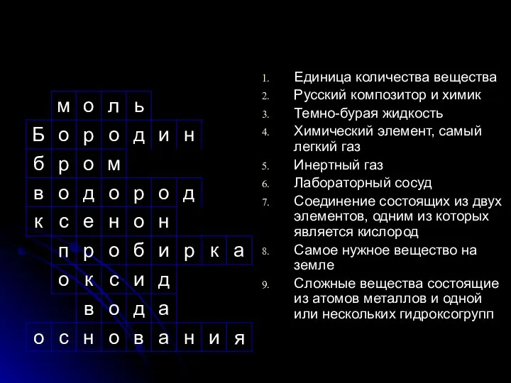 Единица количества вещества Русский композитор и химик Темно-бурая жидкость Химический элемент,