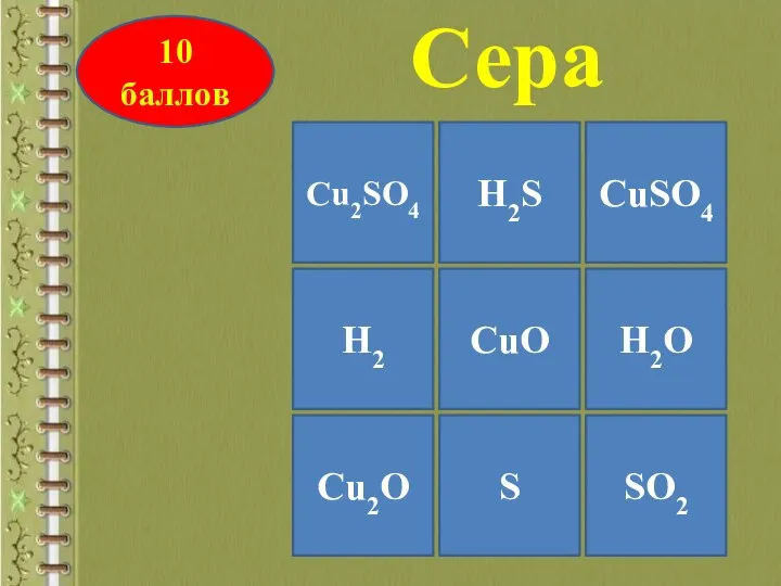 Cu2SO4 CuSO4 Cu2O H2 CuO H2S S SO2 H2O 10 баллов Сера