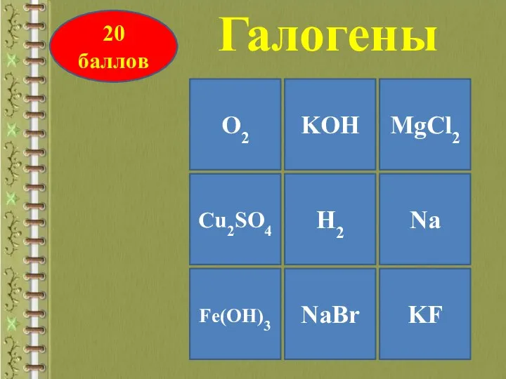 O2 MgCl2 Fe(OH)3 Cu2SO4 H2 KOH NaBr KF Na 20 баллов Галогены