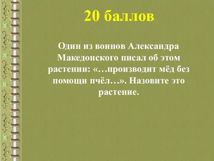 20 баллов Один из воинов Александра Македонского писал об этом растении: