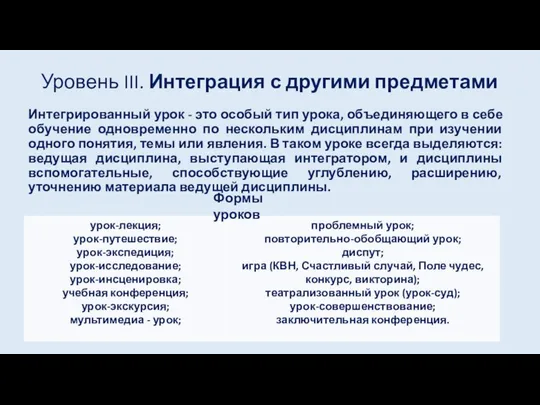 Уровень III. Интеграция с другими предметами Интегрированный урок - это особый