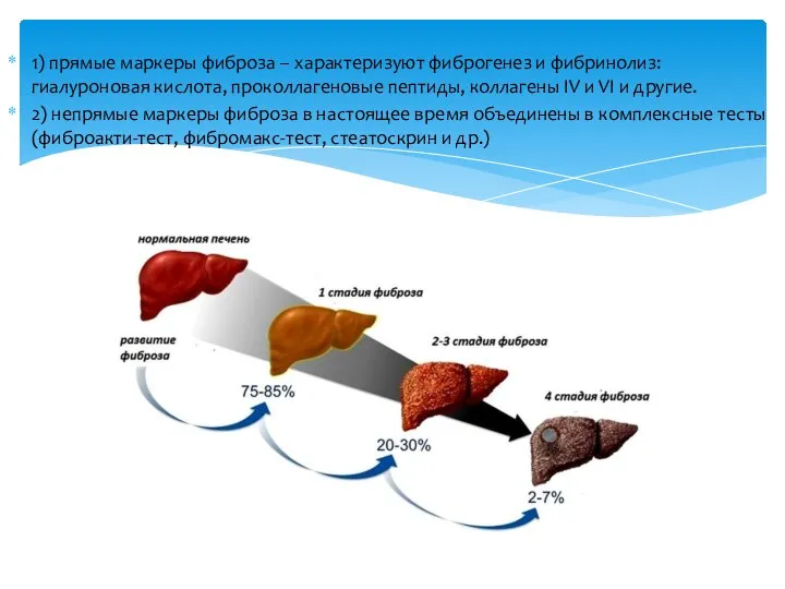 1) прямые маркеры фиброза – характеризуют фиброгенез и фибринолиз: гиалуроновая кислота,