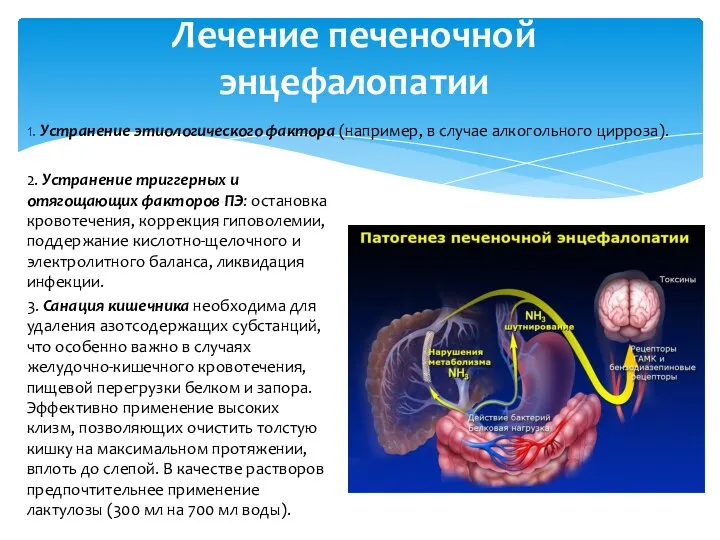 1. Устранение этиологического фактора (например, в случае алкогольного цирроза). Лечение печеночной