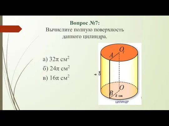 Вопрос №7: Вычислите полную поверхность данного цилиндра. а) 32π см2 б)