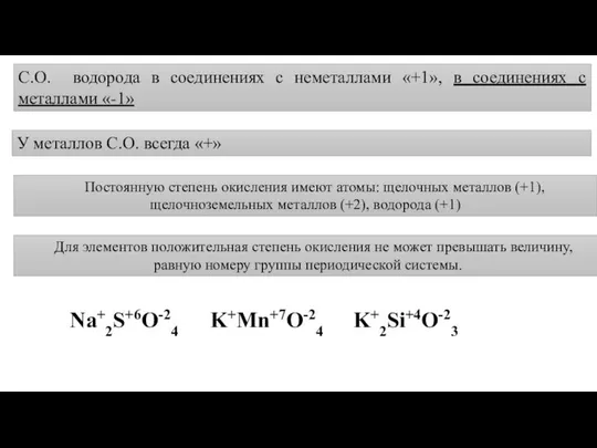 С.О. водорода в соединениях с неметаллами «+1», в соединениях с металлами