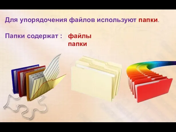 Для упорядочения файлов используют папки. Папки содержат : файлы папки