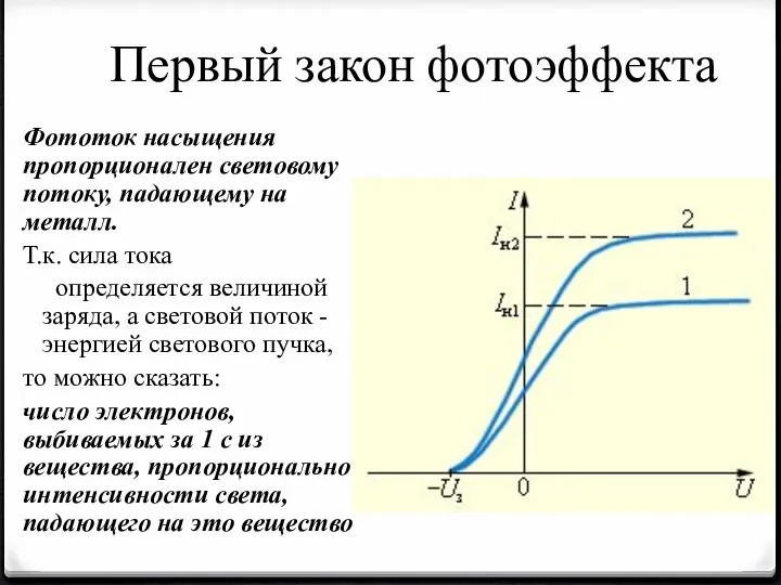 Первый закон фотоэффекта Фототок насыщения пропорционален световому потоку, падающему на металл.