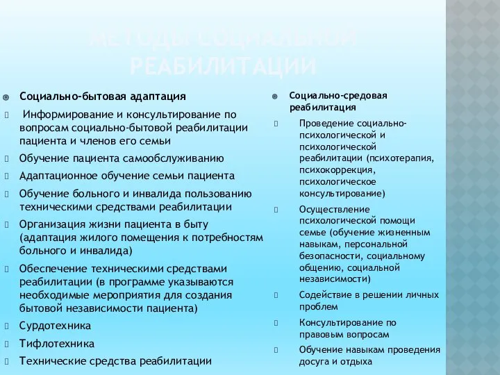 МЕТОДЫ СОЦИАЛЬНОЙ РЕАБИЛИТАЦИИ Социально-бытовая адаптация Информирование и консультирование по вопросам социально-бытовой