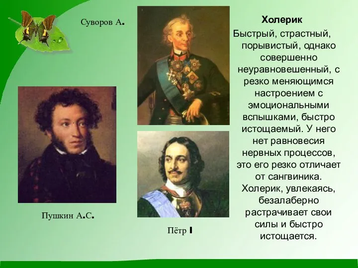 Холерик Быстрый, страстный, порывистый, однако совершенно неуравновешенный, с резко меняющимся настроением