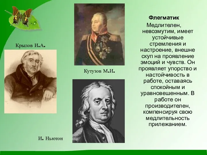 Флегматик Медлителен, невозмутим, имеет устойчивые стремления и настроение, внешне скуп на