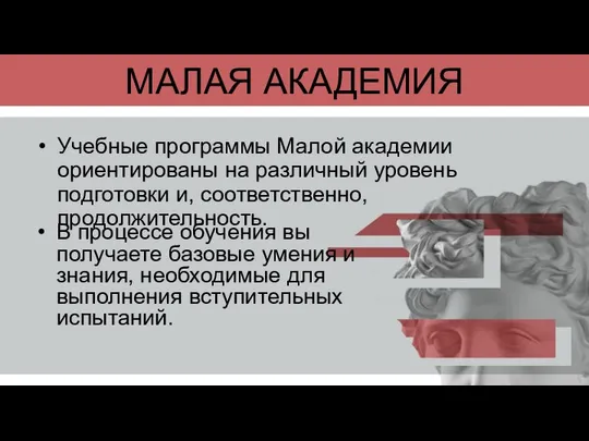 МАЛАЯ АКАДЕМИЯ Учебные программы Малой академии ориентированы на различный уровень подготовки