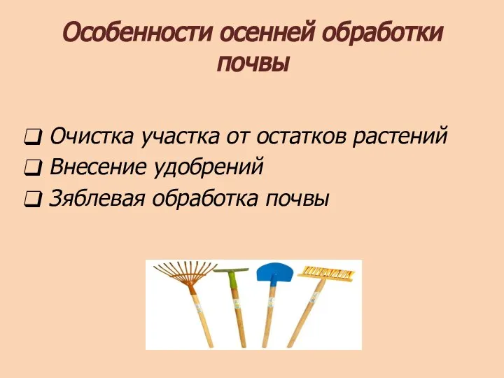 Особенности осенней обработки почвы Очистка участка от остатков растений Внесение удобрений Зяблевая обработка почвы