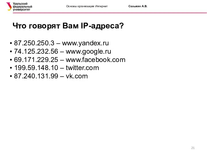 Основы организации Интернет Созыкин А.В. Что говорят Вам IP-адреса? 87.250.250.3 –