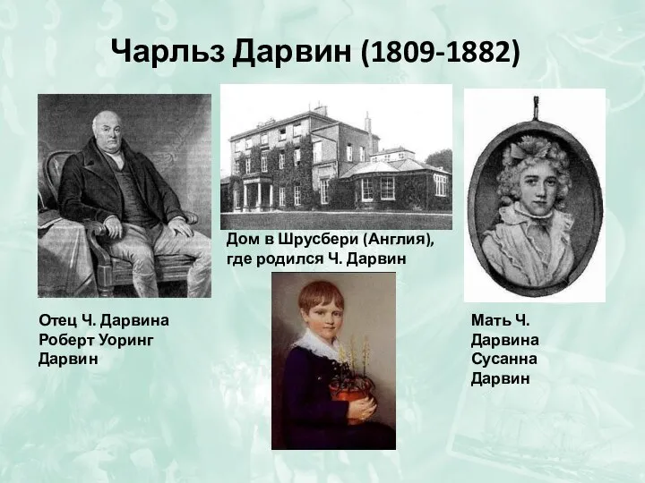 Чарльз Дарвин (1809-1882) Отец Ч. Дарвина Роберт Уоринг Дарвин Мать Ч.