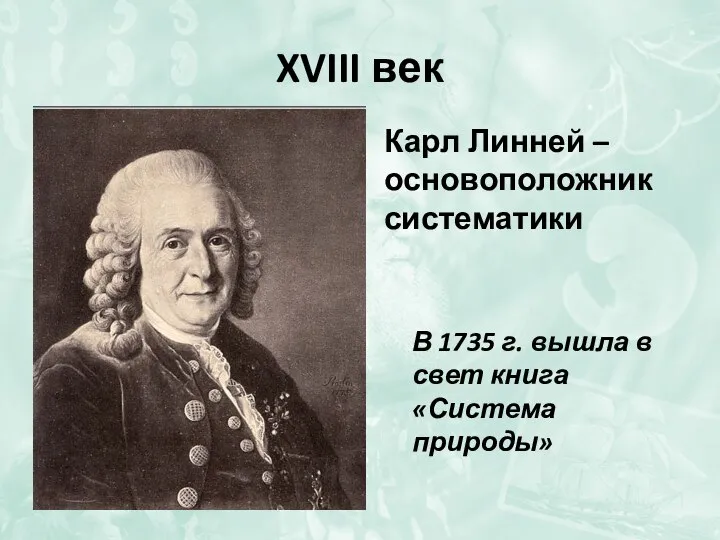 XVIII век Карл Линней – основоположник систематики В 1735 г. вышла в свет книга «Система природы»