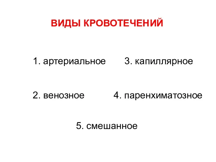 ВИДЫ КРОВОТЕЧЕНИЙ 1. артериальное 2. венозное 3. капиллярное 4. паренхиматозное 5. смешанное