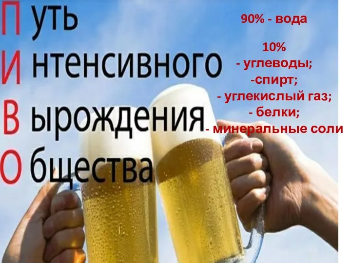 Опасный состав ПИВА 90% - вода 10% - углеводы; -спирт; -