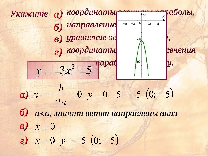 координаты вершины параболы, направление ее ветвей, уравнение оси симметрии, координаты точки