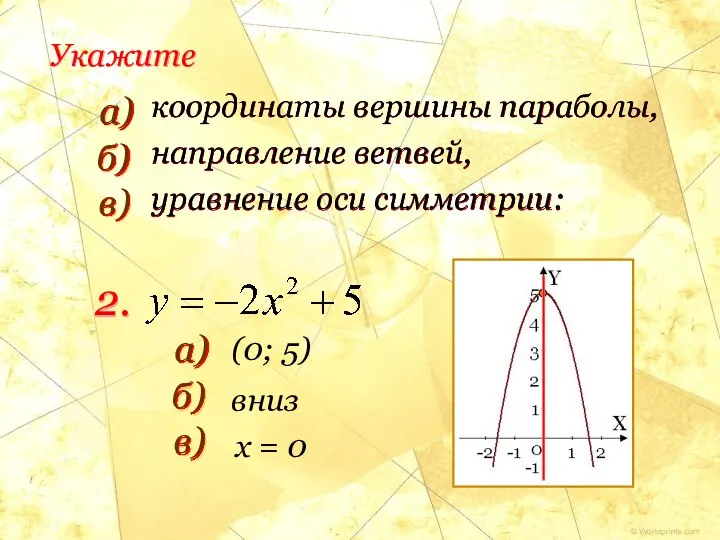 координаты вершины параболы, направление ветвей, уравнение оси симметрии: Укажите 2. (0; 5) x = 0 вниз