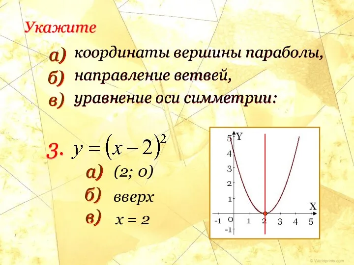 координаты вершины параболы, направление ветвей, уравнение оси симметрии: Укажите 3. (2; 0) x = 2 вверх