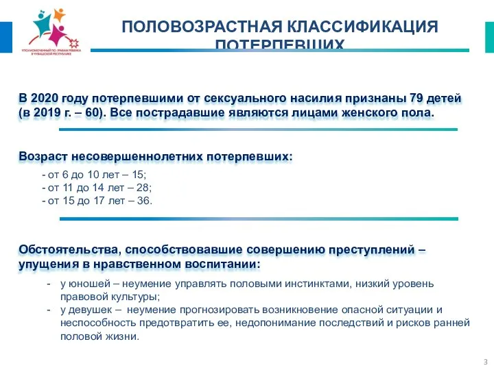 ПОЛОВОЗРАСТНАЯ КЛАССИФИКАЦИЯ ПОТЕРПЕВШИХ Обстоятельства, способствовавшие совершению преступлений – упущения в нравственном