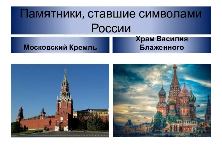 Памятники, ставшие символами России Московский Кремль Храм Василия Блаженного