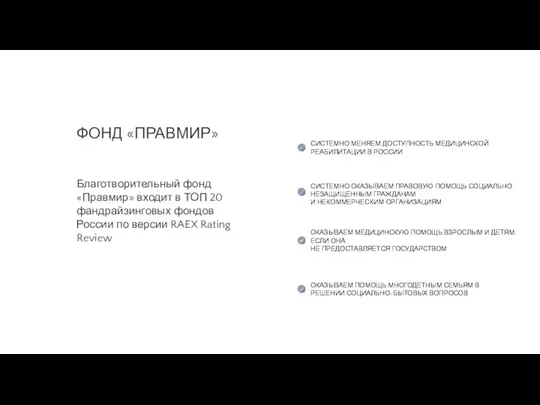 ФОНД «ПРАВМИР» Благотворительный фонд «Правмир» входит в ТОП 20 фандрайзинговых фондов