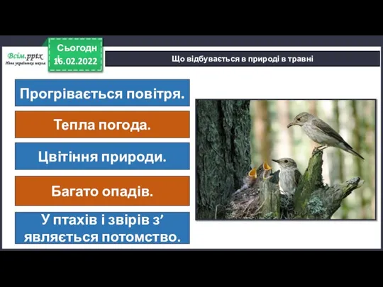 16.02.2022 Сьогодні Що відбувається в природі в травні Прогрівається повітря. Тепла