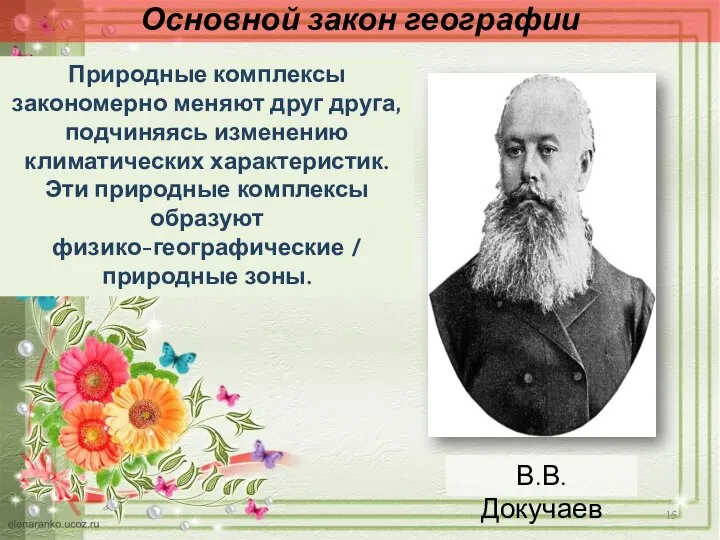 В.В. Докучаев Природные комплексы закономерно меняют друг друга, подчиняясь изменению климатических