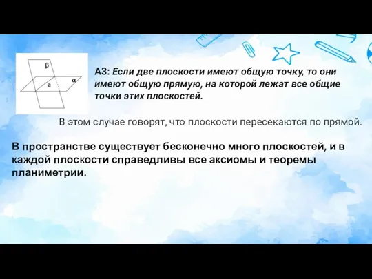 А3: Если две плоскости имеют общую точку, то они имеют общую