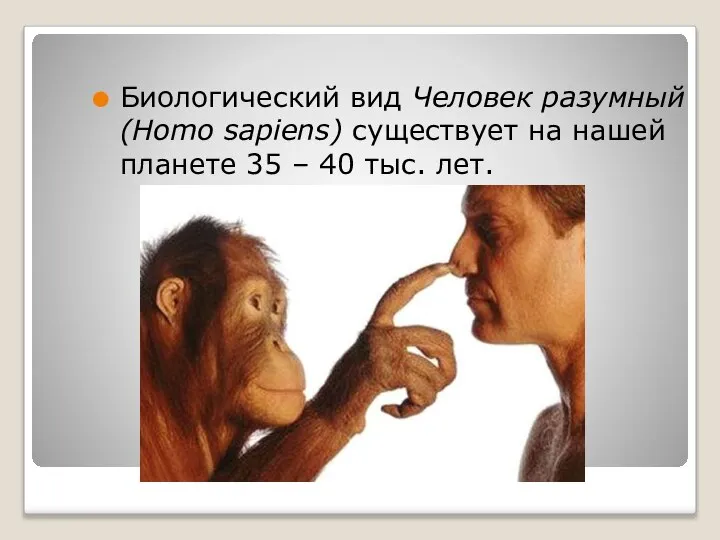 Биологический вид Человек разумный (Нomo sapiens) существует на нашей планете 35 – 40 тыс. лет.