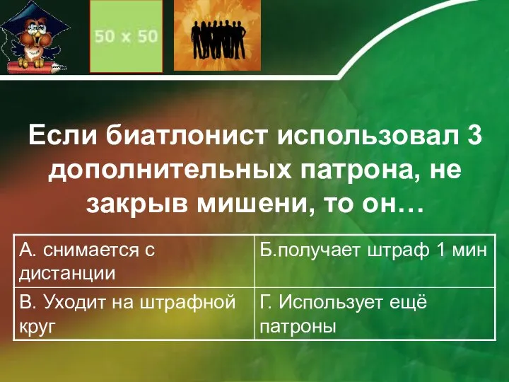 Если биатлонист использовал 3 дополнительных патрона, не закрыв мишени, то он…