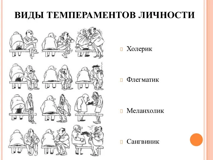 ВИДЫ ТЕМПЕРАМЕНТОВ ЛИЧНОСТИ Холерик Флегматик Меланхолик Сангвиник