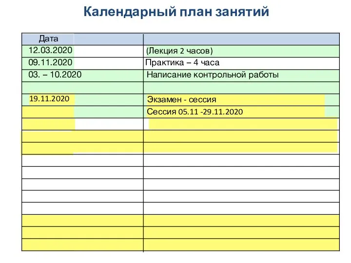 (Лекция 2 часов) 03. – 10.2020 Сессия 05.11 -29.11.2020 19.11.2020 Экзамен