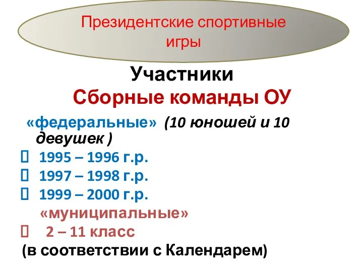 Участники Сборные команды ОУ «федеральные» (10 юношей и 10 девушек )