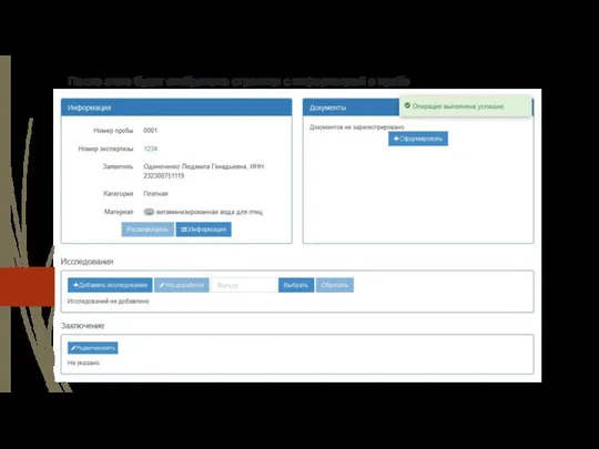 После этого будет отображена страница с информацией о пробе