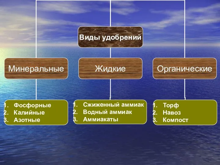 Фосфорные Калийные Азотные Сжиженный аммиак Водный аммиак Аммиакаты Торф Навоз Компост