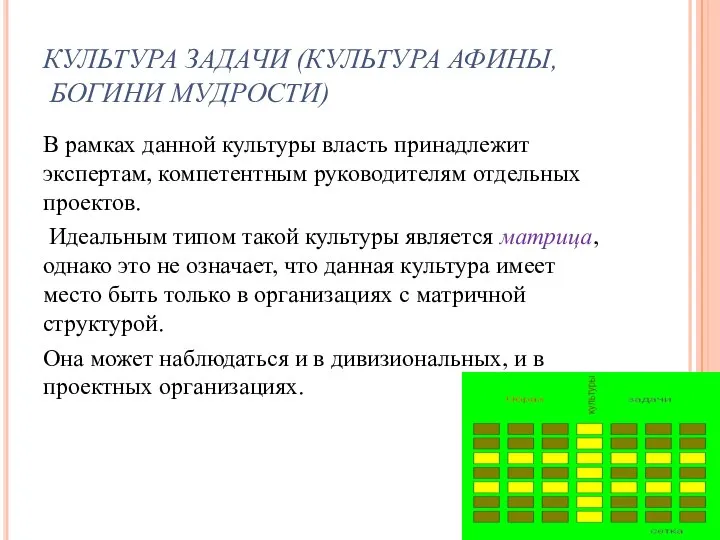 КУЛЬТУРА ЗАДАЧИ (КУЛЬТУРА АФИНЫ, БОГИНИ МУДРОСТИ) В рамках данной культуры власть