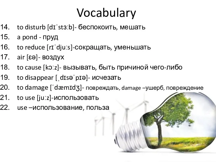 Vocabulary to disturb [dɪˈstɜːb]- беспокоить, мешать a pond - пруд to