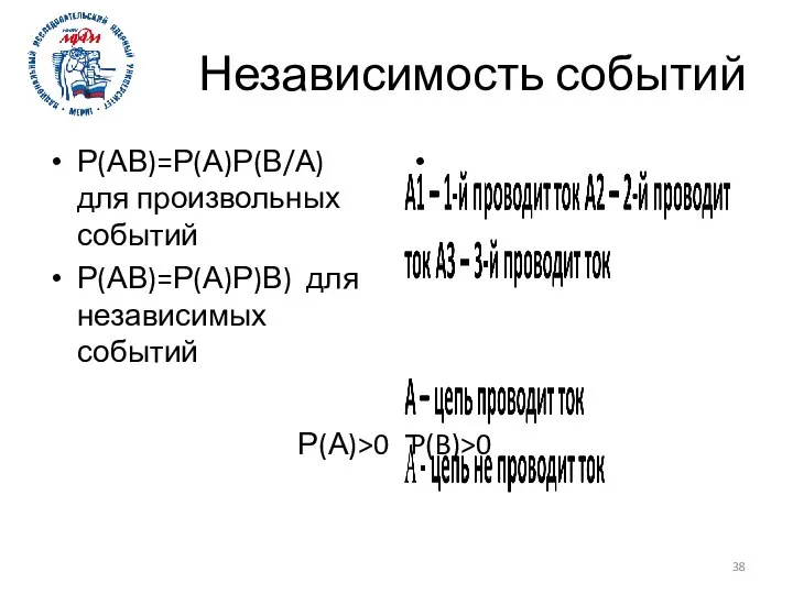 Независимость событий Р(АВ)=Р(А)Р(В/А) для произвольных событий Р(АВ)=Р(А)Р)В) для независимых событий Р(А)>0 P(B)>0