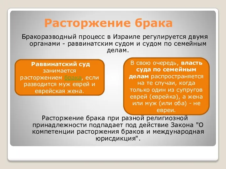 Расторжение брака Бракоразводный процесс в Израиле регулируется двумя органами - раввинатским